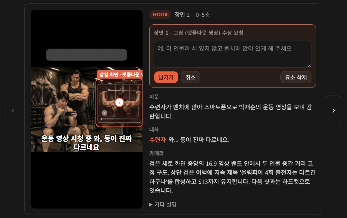 실제 숏포미 상세설계 화면: 장면 그림에서 고칠 요소를 눌러 수정 요청을 남기는 모습과 그 장면의 지문·대사·카메라 설명